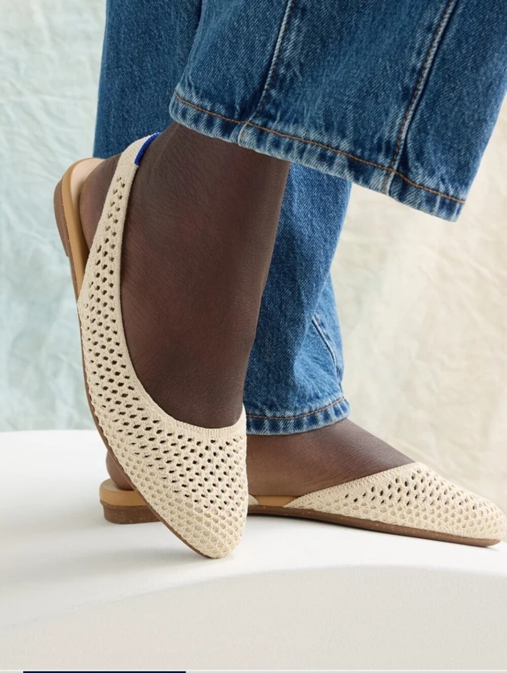 Rothy's Beige Knit Pointed Slingback Flats with Blue Accent Sz 8W
